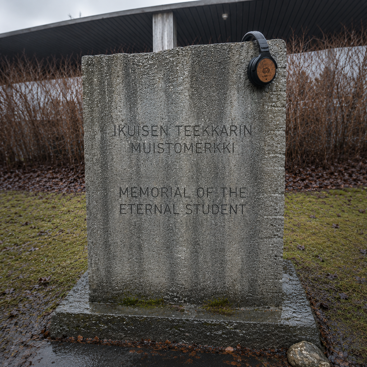Ikuisen teekkarin muistomerkki, jonka kulmalla roikkuu Valco-kuulokkeet